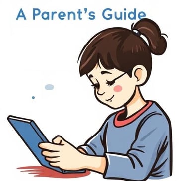 a girl with glasses and a tablet sitting on a table