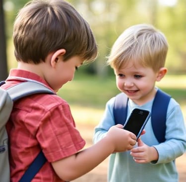 two boys playing with a cell phone