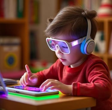 a child wearing headphones sitting on a table