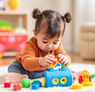 a baby girl playing with a toy train