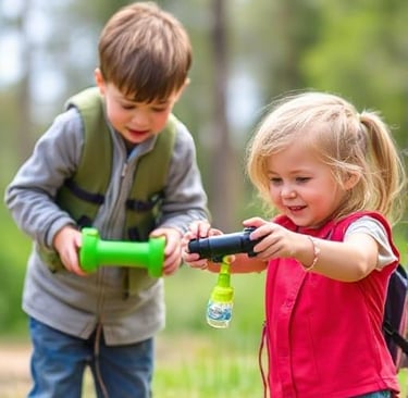 a young boy and girl playing with a water bottle