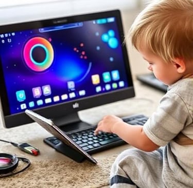 a baby sitting on a couch with a laptop and a monitor