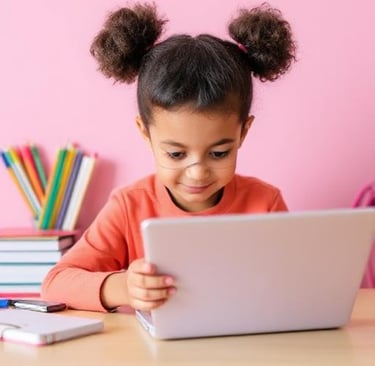 a young girl sitting at a desk with a laptop