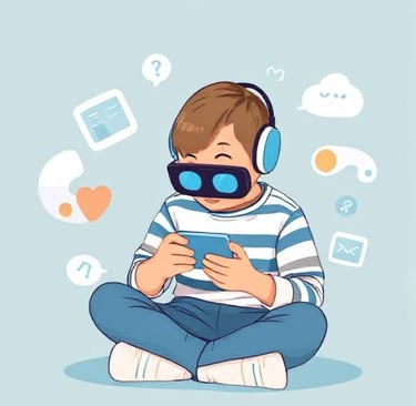 a boy in a striped shirt and headphones