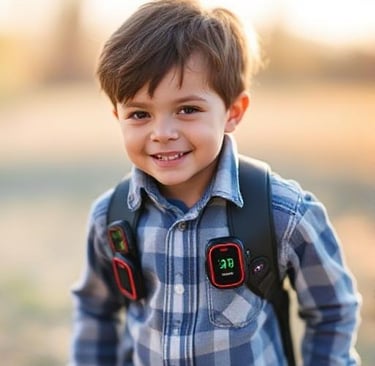 a young boy with a backpack tracker