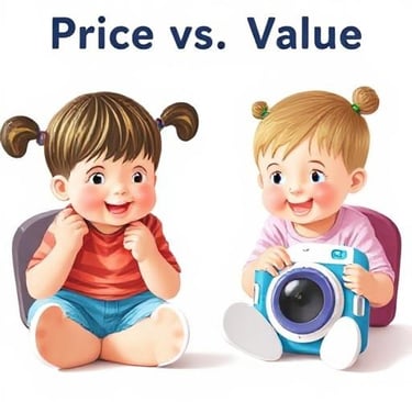 a boy and girl sitting on a chair with a camera