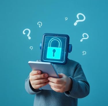 a child holding a tablet with security marks on it