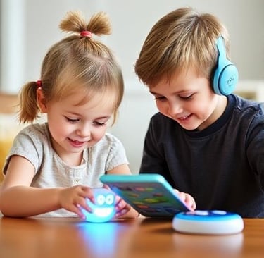 a boy and girl playing with a tablet