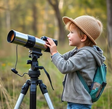 a young boy is looking through a telescope lens