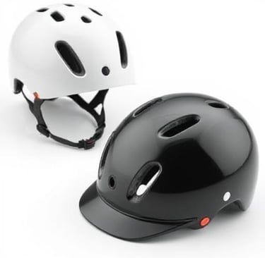 a pair of kids helmets