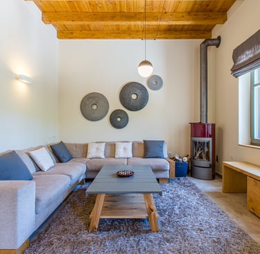 Comfortable seating area with stylish wall decor in Villa Skyphos