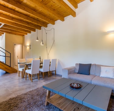 Open-plan living and dining area in a cozy setting at Villa Skyphos