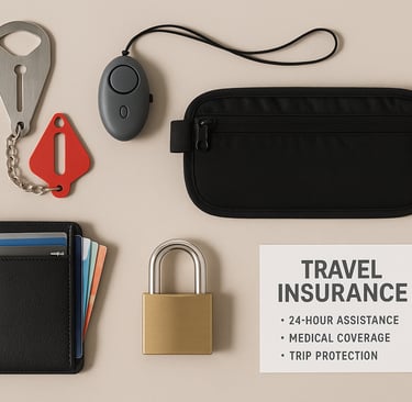 Flat lay of solo travel safety gear including portable door lock, personal safety alarm, discreet money belt, RFID-blocking w