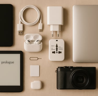 Flat lay of essential travel electronics including smartphone with charger, power bank, universal adapter, earbuds, e-reader,