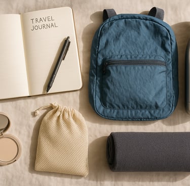 Flat lay of solo travel essentials including journal, collapsible daypack, reusable water bottle, travel laundry bag, compact