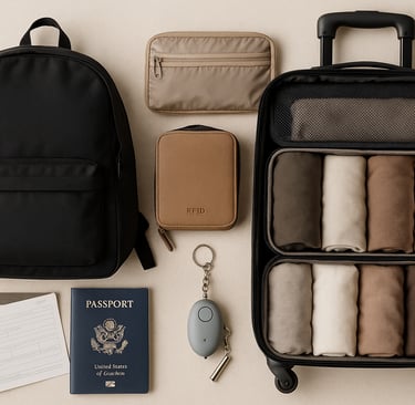 Organized solo travel packing layout with backpack, packing cubes, neutral clothing, safety alarm, travel documents, and RFID