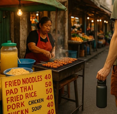 Colorful street food stall with sizzling local dishes and handwritten prices, showing affordable and authentic food options f
