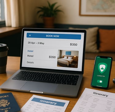 Flat lay of a traveler's laptop showing a booking site, with a smartphone, passport, and travel gear arranged on a table—high
