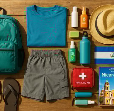 Flat lay of essential items to pack for a budget trip to Nicaragua