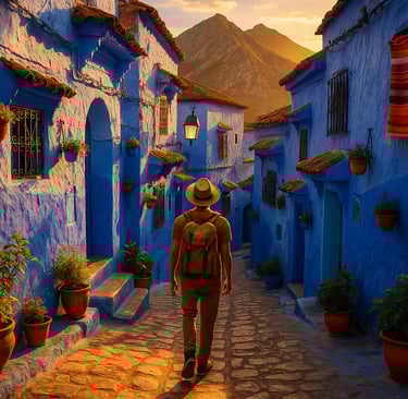 Solo traveler walking through the blue-painted streets of Chefchaouen, Morocco at golden hour with Rif Mountains in the backg