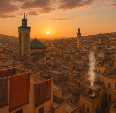 Panoramic sunset view over the medina of Fes, Morocco with rooftops, minaret, and hanging Moroccan rugs.