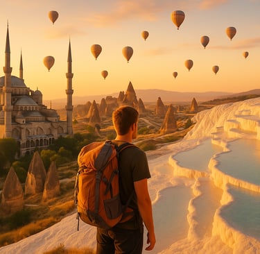 Solo backpacker overlooking a scenic blend of Turkey’s top destinations, including the Blue Mosque, Cappadocia’s hot air ball