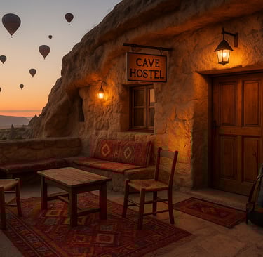 Charming budget cave hostel in Cappadocia with Turkish rugs, outdoor seating, and hot air balloons rising in the background a