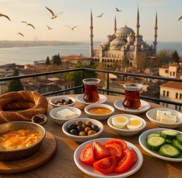 Traditional Turkish breakfast with simit, tea, and fresh produce served on a rooftop terrace overlooking the Bosphorus and Bl