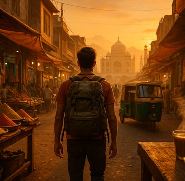 Solo backpacker walking through an Indian street market with tuk-tuk, Taj Mahal, and Himalayan mountains in the background du