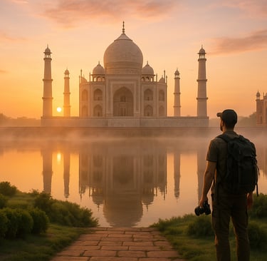 Sunrise view of the Taj Mahal with a solo traveler admiring the monument, mist rising from the river, and warm golden-pink li