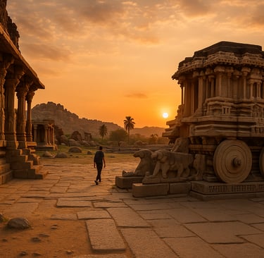 Sunset view of the ancient stone ruins at Hampi, featuring the iconic stone chariot, temple carvings, and a solo traveler wal