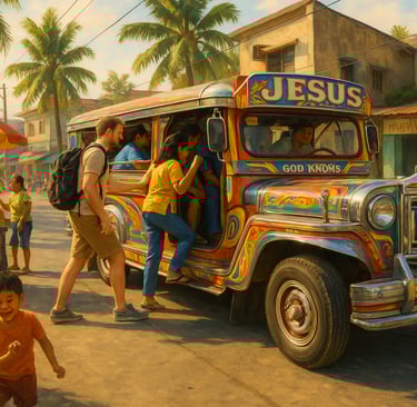 People boarding a colorful Jeepney in the Philippines on a busy street with vendors, palm trees, and afternoon sunlight.