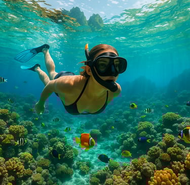 Close-up underwater view of a snorkeler in El Nido, Palawan, surrounded by coral reefs and tropical fish with sunlight stream