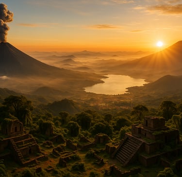 Sunrise view from Acatenango Volcano in Guatemala with erupting Volcán de Fuego in the distance, Lake Atitlán below surrounde