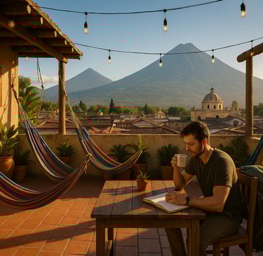 Rooftop terrace of The Purpose Hostel in Antigua, Guatemala, with views of nearby volcanoes, colorful hammocks, potted plants