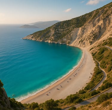 Aerial view of Myrtos Beach in Kefalonia, Greece, featuring turquoise waters, white pebbled shore, and steep green hills unde