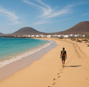 Golden sandy beach on La Graciosa island with clear turquoise water, a lone traveler walking along the shore, and whitewashed