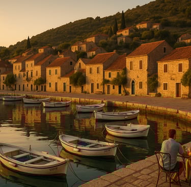 Scenic harbor in Vis, Croatia, with stone houses and red-tiled roofs reflecting in calm Adriatic waters, small fishing boats 
