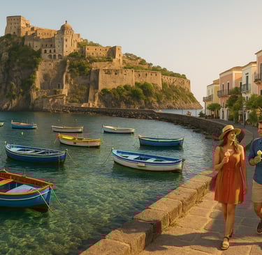 Coastal view of Ischia, Italy, with a medieval castle on a rocky cliff, colorful fishing boats in a clear harbor, pastel buil