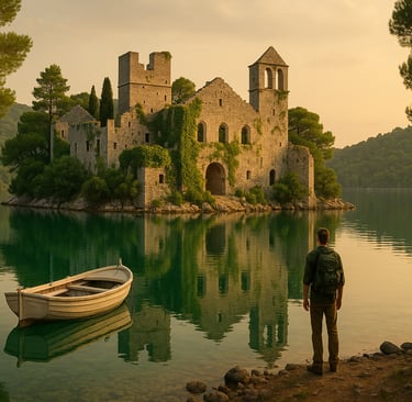 Ancient Benedictine monastery ruins on a small islet in a tranquil lake on Mljet Island, Croatia, surrounded by pine trees wi