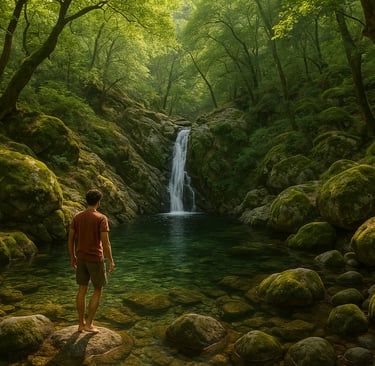 Waterfall flowing into a natural rock pool in a lush forest on Samothraki Island, Greece, with a solo traveler standing at th