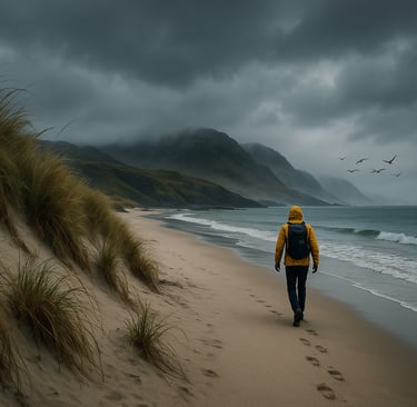 Remote beach on Colonsay Island, Scotland, with windswept dunes, a lone hiker walking along the shoreline, misty hills in the