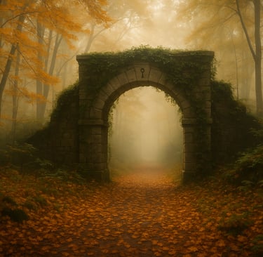 Misty forest trail in upstate New York with autumn leaves and a hidden stone archway, symbolizing secret and lesser-known pla