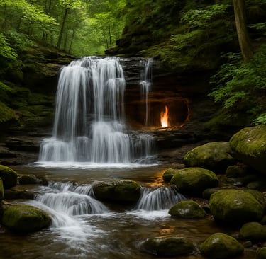A small cascading waterfall in a lush green forest in upstate New York with a natural flame flickering behind the water in a