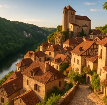Saint-Cirq-Lapopie village in southern France, set on a cliff above the Lot River with medieval stone houses and scenic valle
