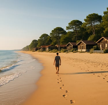 A quiet beach in Cap Ferret, France, with golden sand, calm waves, and pine trees in the distance—perfect for a peaceful, unc
