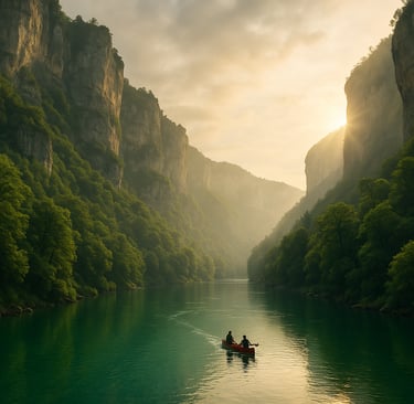 A hidden stretch of the Gorges du Tarn in France with high limestone cliffs, turquoise water, and a canoe gliding through the