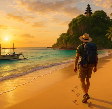 Solo backpacker walking on a tropical beach in Indonesia at sunset with a temple on the cliff and a traditional boat nearby