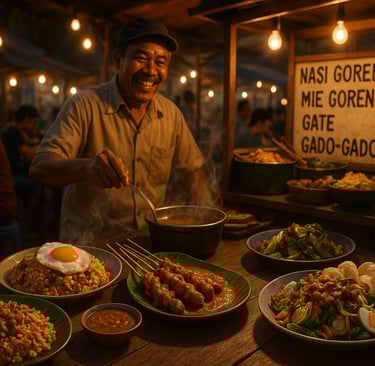 Traditional Indonesian street food including nasi goreng, satay skewers, mie goreng, and gado-gado at a local market stall