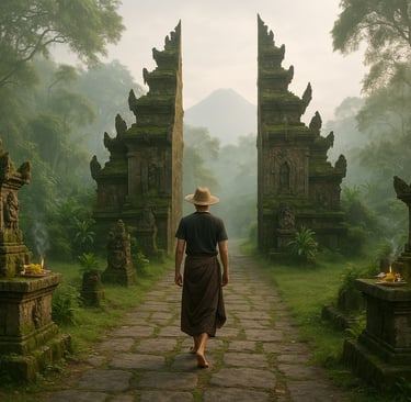 Traveler walking through an ancient jungle temple in Indonesia at sunrise with mossy stone carvings and traditional Balinese 